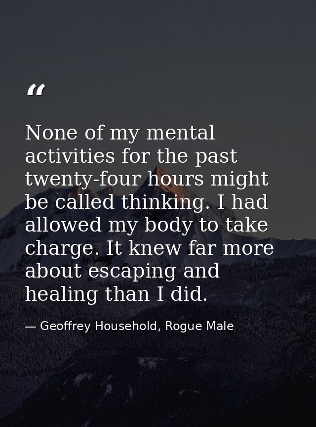 None of my mental activities for the past twenty-four hours might be called thinking. I had allowed my body to take char — Geoffrey Household, Rogue Male