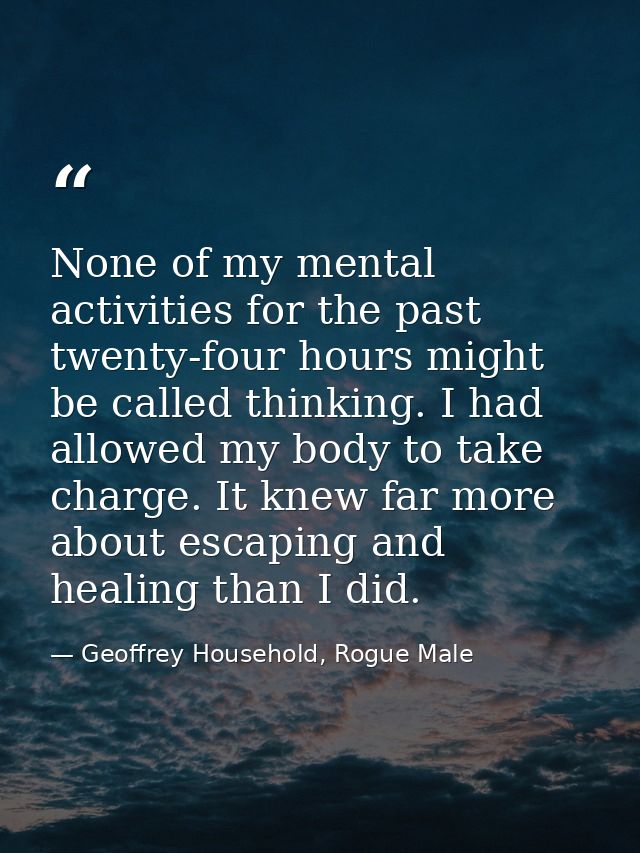 None of my mental activities for the past twenty-four hours might be called thinking. I had allowed my body to take char — Geoffrey Household, Rogue Male