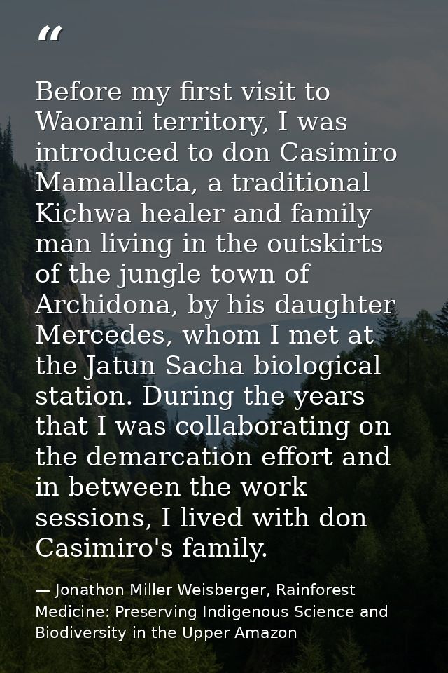 Before my first visit to Waorani territory, I was introduced to don Casimiro Mamallacta, a traditional Kichwa healer and — Jonathon Miller Weisberger, Rainforest Medicine: Preserving Indigenous Science and Biodiversity in the Upper Amazon