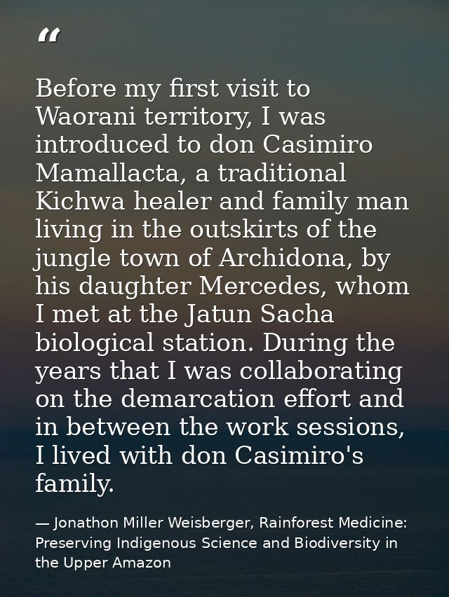 Before my first visit to Waorani territory, I was introduced to don Casimiro Mamallacta, a traditional Kichwa healer and — Jonathon Miller Weisberger, Rainforest Medicine: Preserving Indigenous Science and Biodiversity in the Upper Amazon