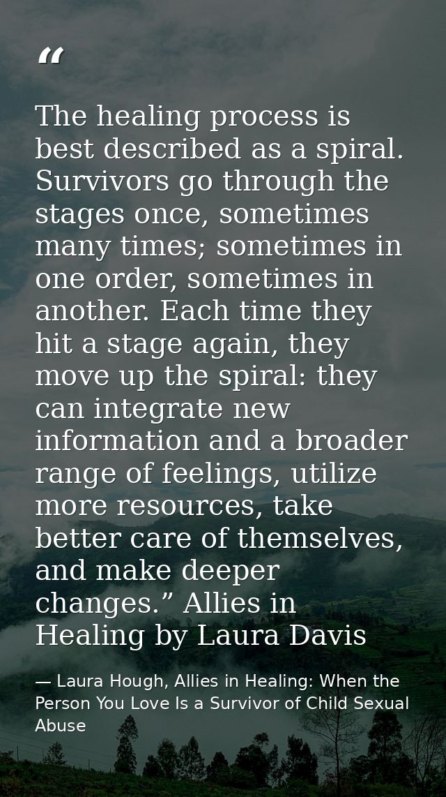 The healing process is best described as a spiral. Survivors go through the stages once, sometimes many times; sometimes — Laura Hough, Allies in Healing: When the Person You Love Is a Survivor of Child Sexual Abuse