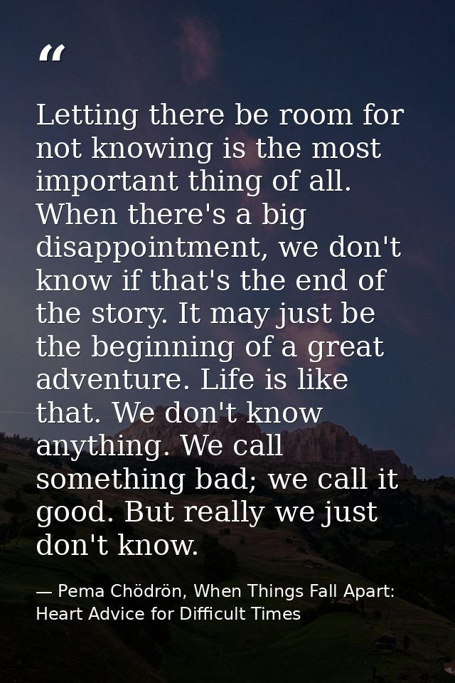 Letting there be room for not knowing is the most important thing of all. When there's a big disappointment, we don't kn — Pema Chödrön, When Things Fall Apart: Heart Advice for Difficult Times