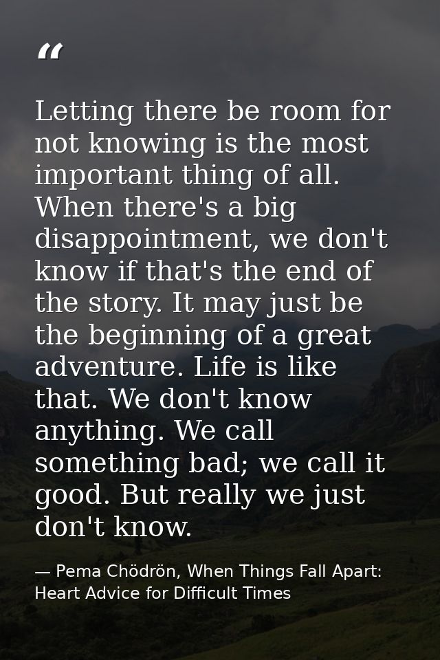 Letting there be room for not knowing is the most important thing of all. When there's a big disappointment, we don't kn — Pema Chödrön, When Things Fall Apart: Heart Advice for Difficult Times