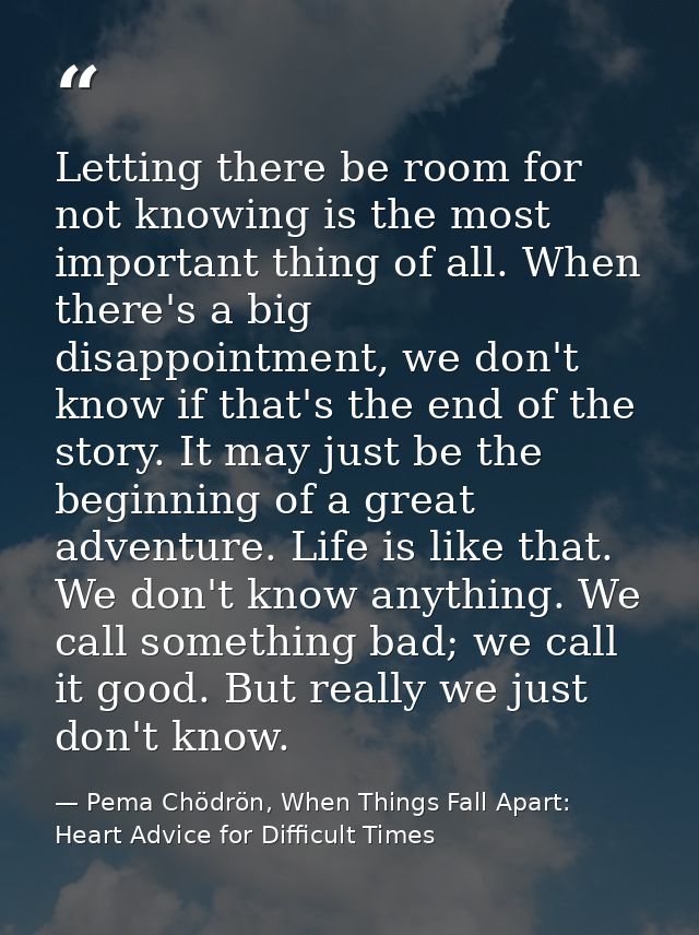 Letting there be room for not knowing is the most important thing of all. When there's a big disappointment, we don't kn — Pema Chödrön, When Things Fall Apart: Heart Advice for Difficult Times
