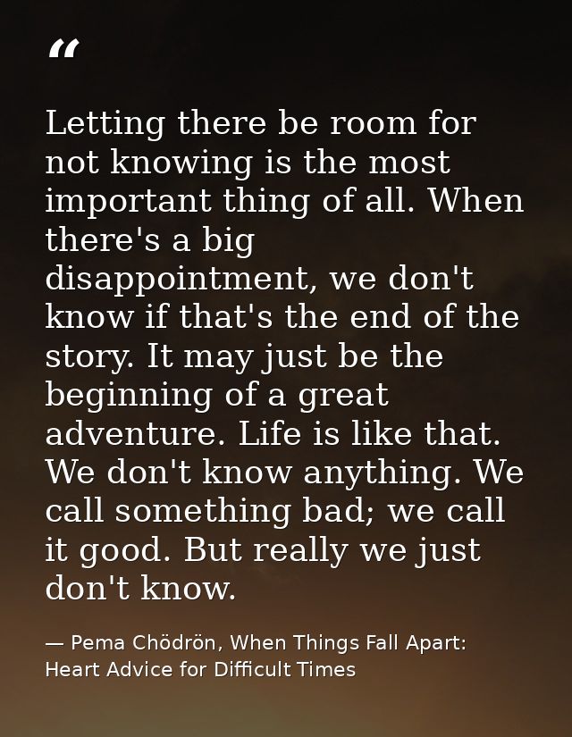Letting there be room for not knowing is the most important thing of all. When there's a big disappointment, we don't kn — Pema Chödrön, When Things Fall Apart: Heart Advice for Difficult Times
