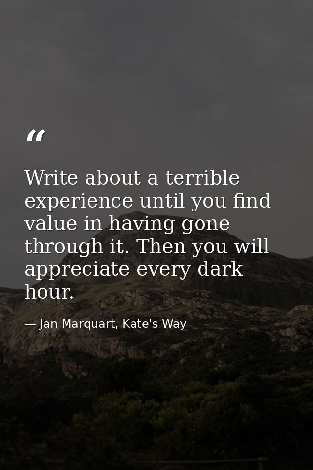 Write about a terrible experience until you find value in having gone through it. Then you will appreciate every dark ho — Jan Marquart, Kate's Way