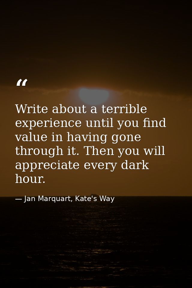 Write about a terrible experience until you find value in having gone through it. Then you will appreciate every dark ho — Jan Marquart, Kate's Way