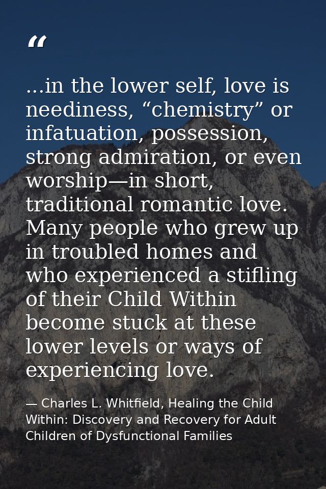 ...in the lower self, love is neediness, “chemistry” or infatuation, possession, strong admiration, or even worship—in s — Charles L. Whitfield, Healing the Child Within: Discovery and Recovery for Adult Children of Dysfunctional Families