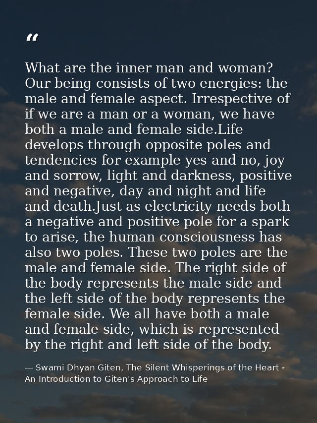 What are the inner man and woman? Our being consists of two energies: the male and female aspect. Irrespective of if we  — Swami Dhyan Giten, The Silent Whisperings of the Heart - An Introduction to Giten's Approach to Life
