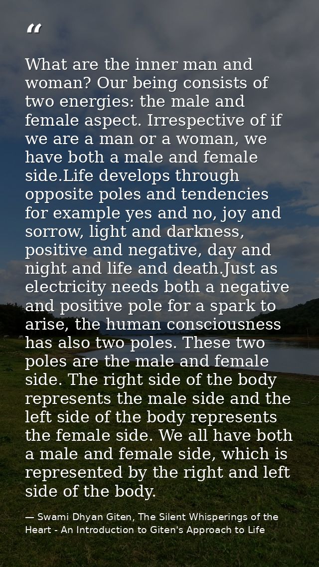 What are the inner man and woman? Our being consists of two energies: the male and female aspect. Irrespective of if we  — Swami Dhyan Giten, The Silent Whisperings of the Heart - An Introduction to Giten's Approach to Life