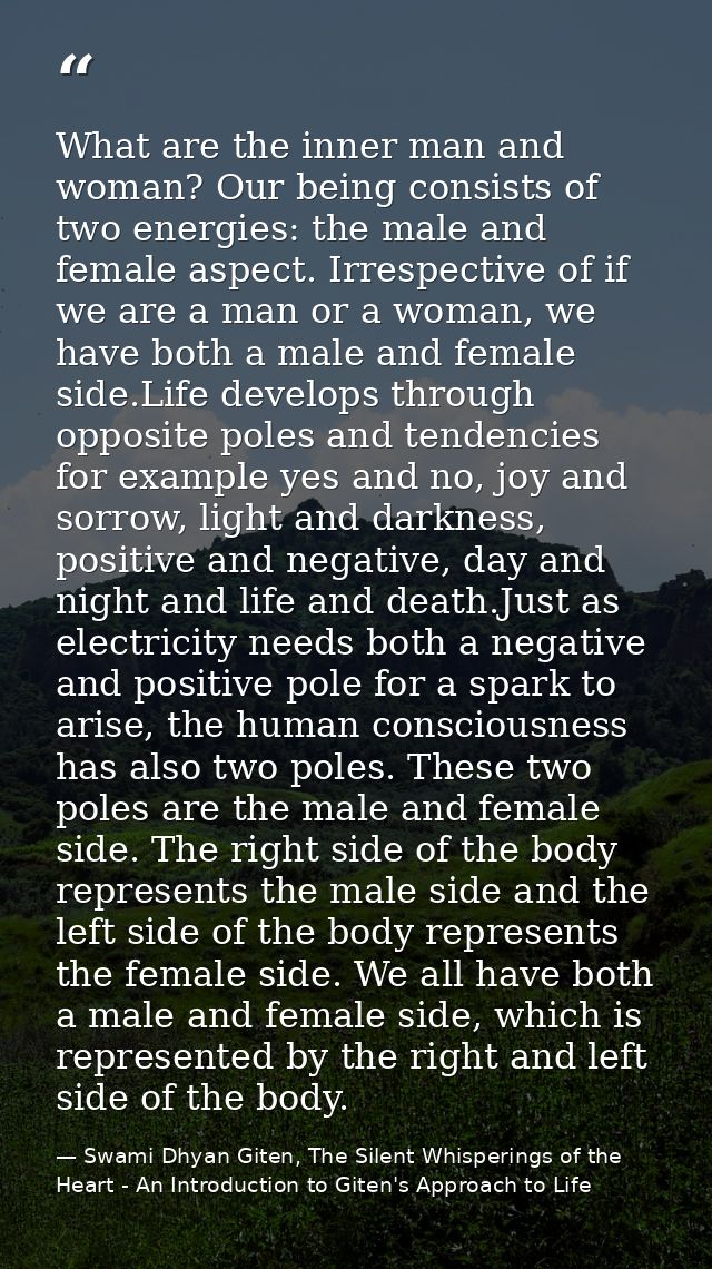 What are the inner man and woman? Our being consists of two energies: the male and female aspect. Irrespective of if we  — Swami Dhyan Giten, The Silent Whisperings of the Heart - An Introduction to Giten's Approach to Life