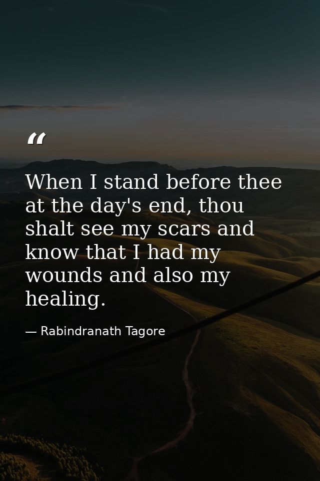 When I stand before thee at the day's end, thou shalt see my scars and know that I had my wounds and also my healing. — Rabindranath Tagore