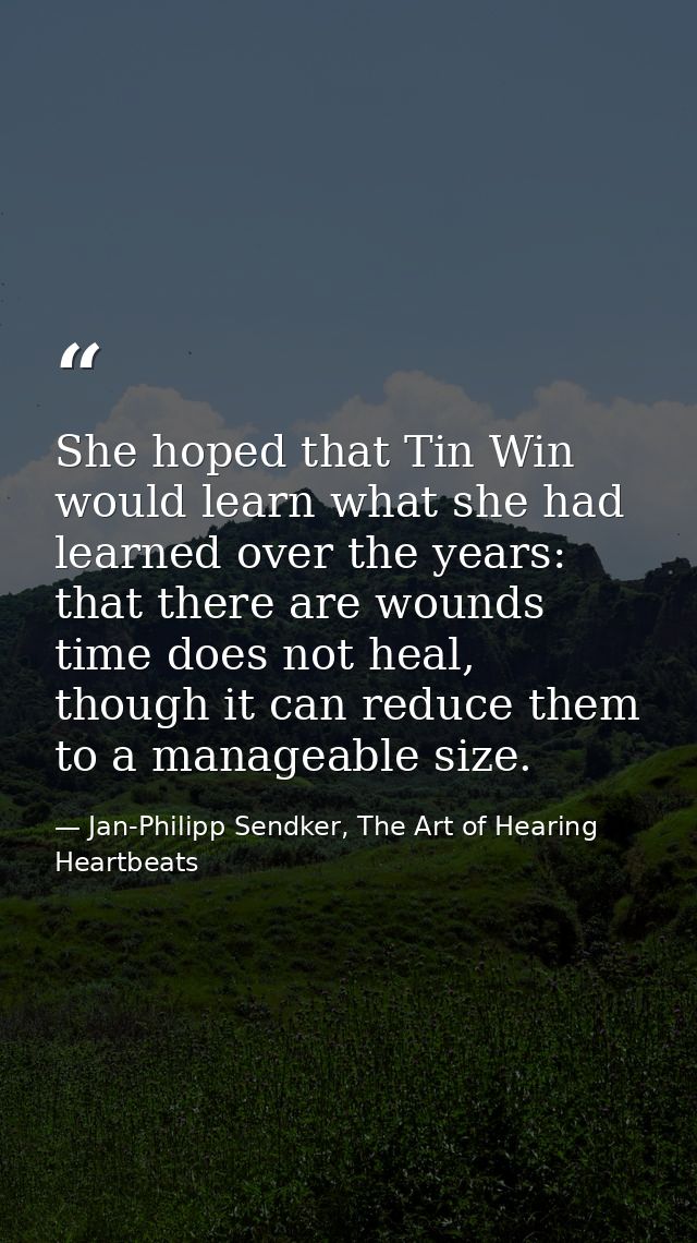 She hoped that Tin Win would learn what she had learned over the years: that there are wounds time does not heal, though — Jan-Philipp Sendker, The Art of Hearing Heartbeats