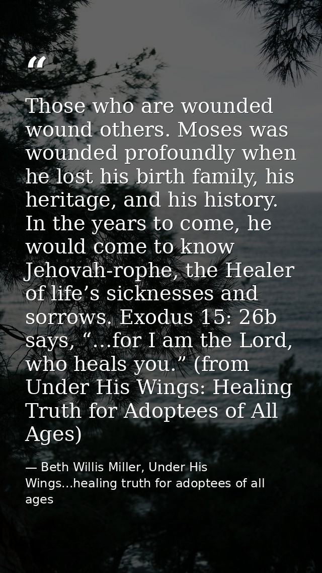 Those who are wounded wound others. Moses was wounded profoundly when he lost his birth family, his heritage, and his hi — Beth Willis Miller, Under His Wings...healing truth for adoptees of all ages