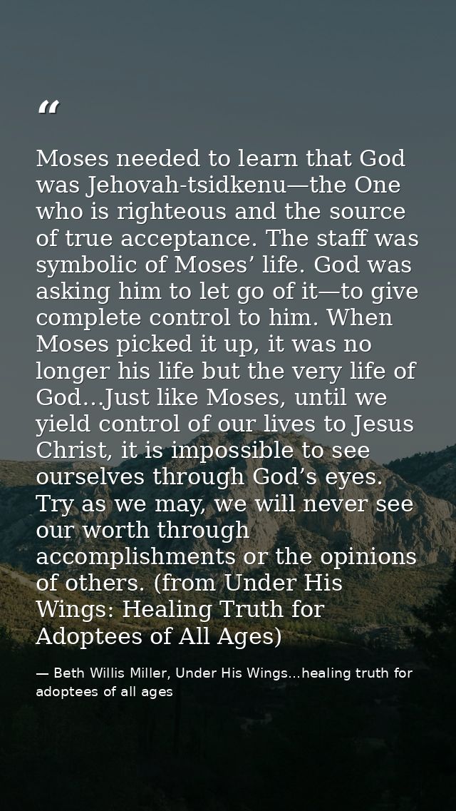 Moses needed to learn that God was Jehovah-tsidkenu—the One who is righteous and the source of true acceptance. The staf — Beth Willis Miller, Under His Wings...healing truth for adoptees of all ages