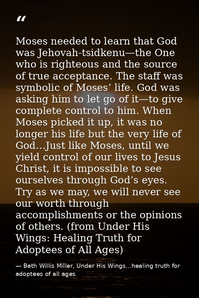 Moses needed to learn that God was Jehovah-tsidkenu—the One who is righteous and the source of true acceptance. The staf — Beth Willis Miller, Under His Wings...healing truth for adoptees of all ages