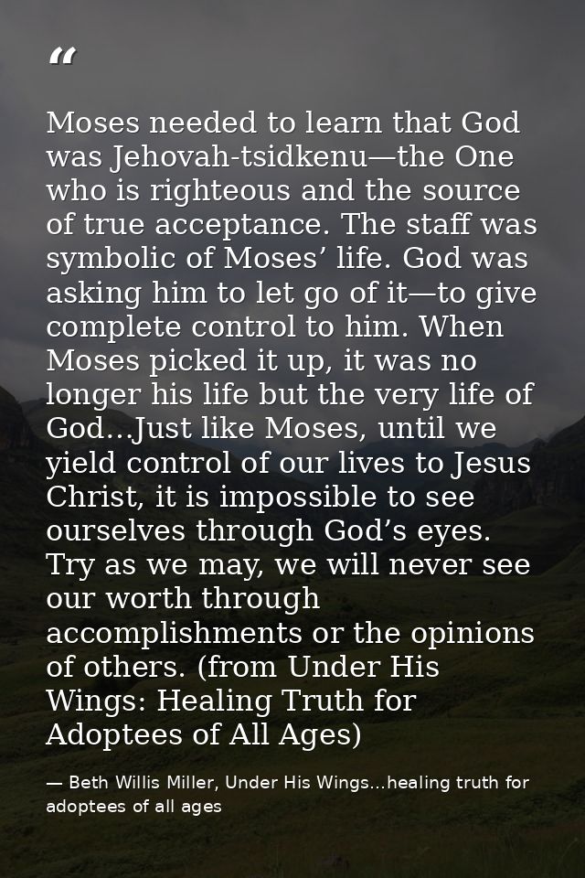 Moses needed to learn that God was Jehovah-tsidkenu—the One who is righteous and the source of true acceptance. The staf — Beth Willis Miller, Under His Wings...healing truth for adoptees of all ages