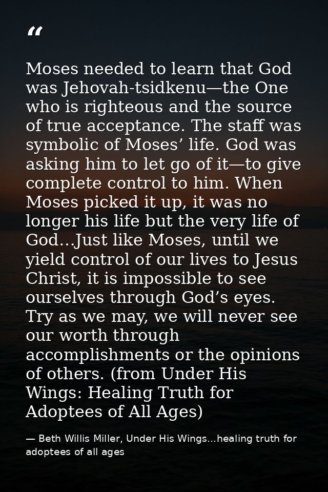 Moses needed to learn that God was Jehovah-tsidkenu—the One who is righteous and the source of true acceptance. The staf — Beth Willis Miller, Under His Wings...healing truth for adoptees of all ages