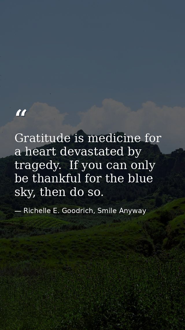 Gratitude is medicine for a heart devastated by tragedy.  If you can only be thankful for the blue sky, then do so. — Richelle E. Goodrich, Smile Anyway
