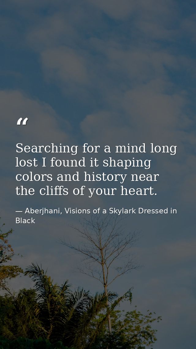 Searching for a mind long lost I found it shaping colors and history near the cliffs of your heart. — Aberjhani, Visions of a Skylark Dressed in Black