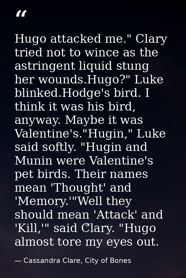 Hugo attacked me." Clary tried not to wince as the astringent liquid stung her wounds.Hugo?" Luke blinked.Hodge's bird.  — Cassandra Clare, City of Bones