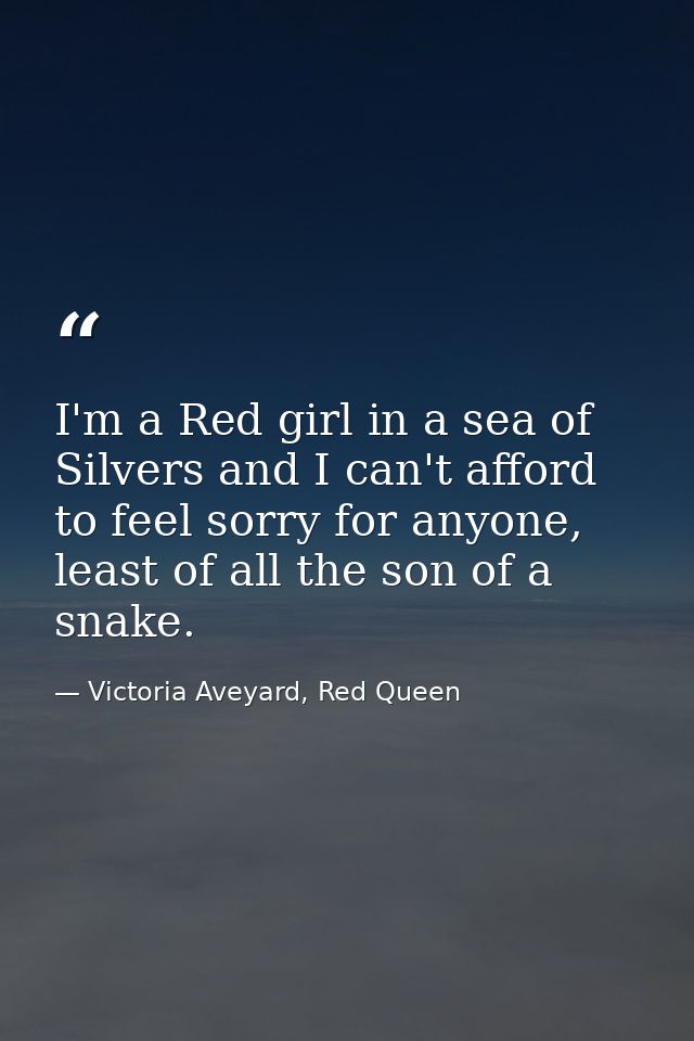 I'm a Red girl in a sea of Silvers and I can't afford to feel sorry for anyone, least of all the son of a snake. — Victoria Aveyard, Red Queen