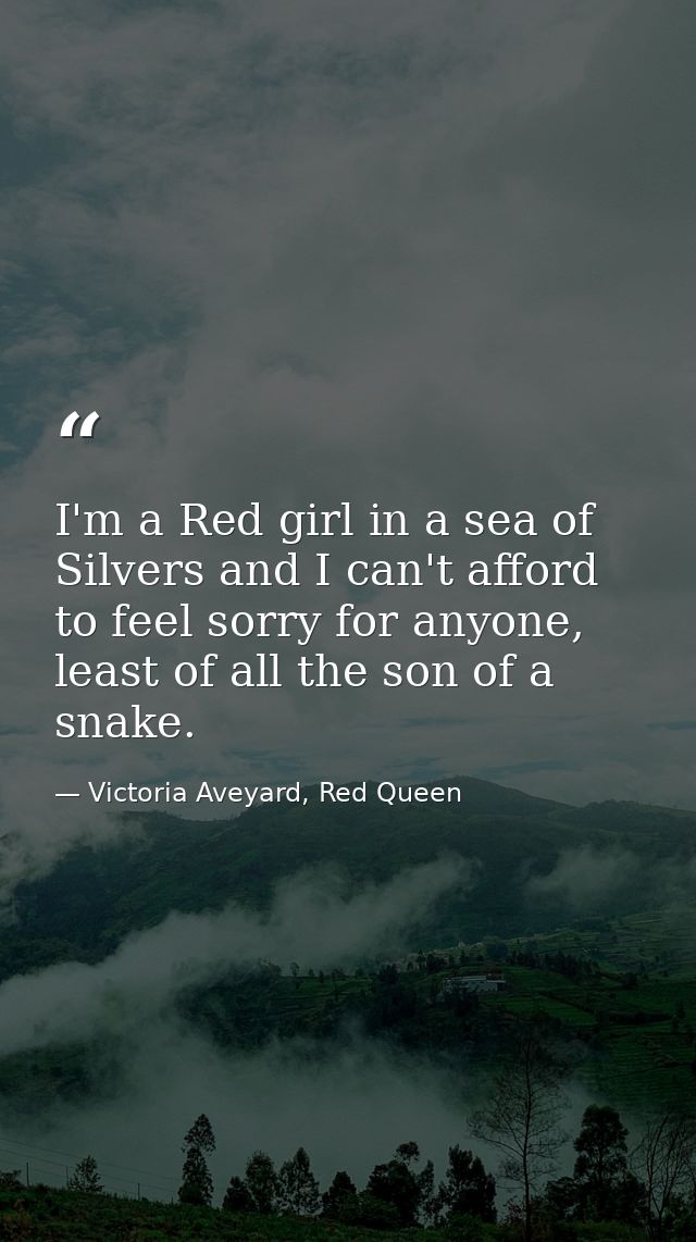 I'm a Red girl in a sea of Silvers and I can't afford to feel sorry for anyone, least of all the son of a snake. — Victoria Aveyard, Red Queen
