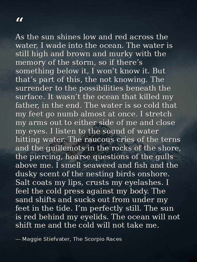 As the sun shines low and red across the water, I wade into the ocean. The water is still high and brown and murky with  — Maggie Stiefvater, The Scorpio Races