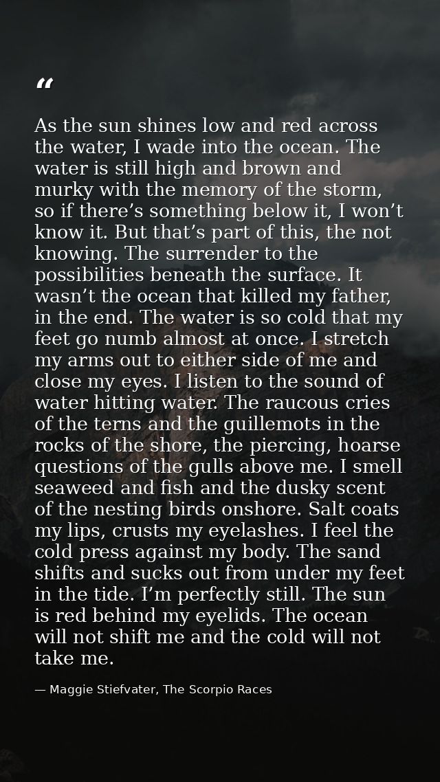 As the sun shines low and red across the water, I wade into the ocean. The water is still high and brown and murky with  — Maggie Stiefvater, The Scorpio Races