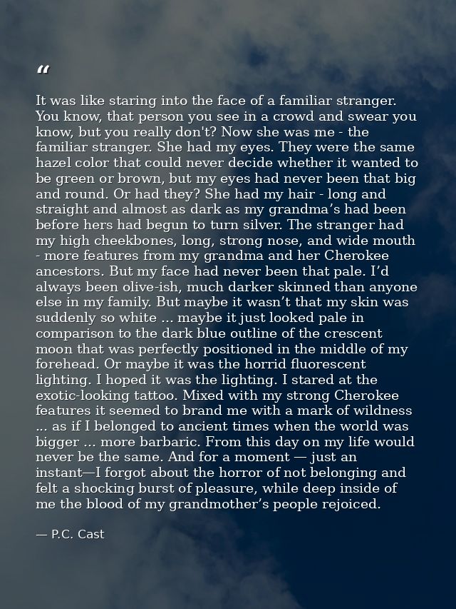 It was like staring into the face of a familiar stranger. You know, that person you see in a crowd and swear you know, b — P.C. Cast