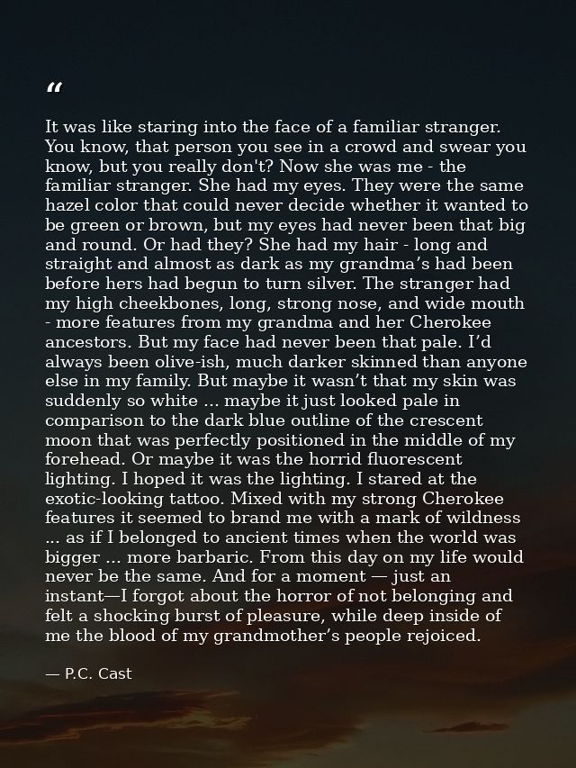 It was like staring into the face of a familiar stranger. You know, that person you see in a crowd and swear you know, b — P.C. Cast