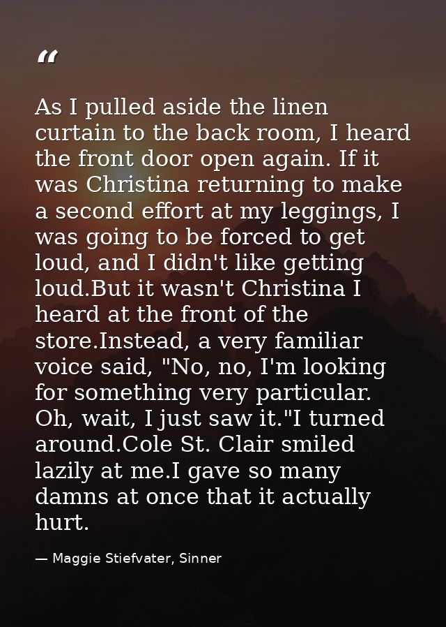 As I pulled aside the linen curtain to the back room, I heard the front door open again. If it was Christina returning t — Maggie Stiefvater, Sinner