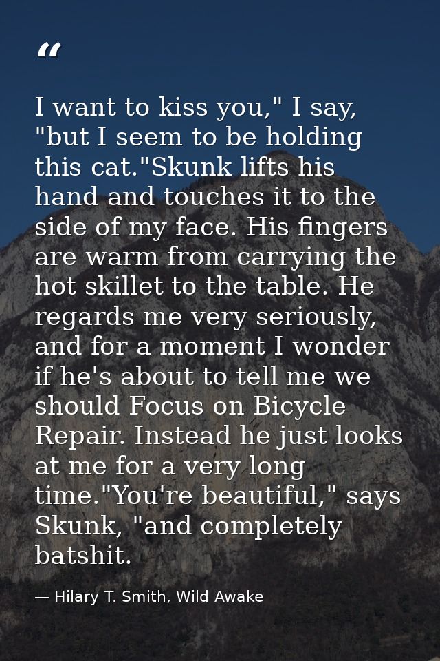 I want to kiss you," I say, "but I seem to be holding this cat."Skunk lifts his hand and touches it to the side of my fa — Hilary T. Smith, Wild Awake