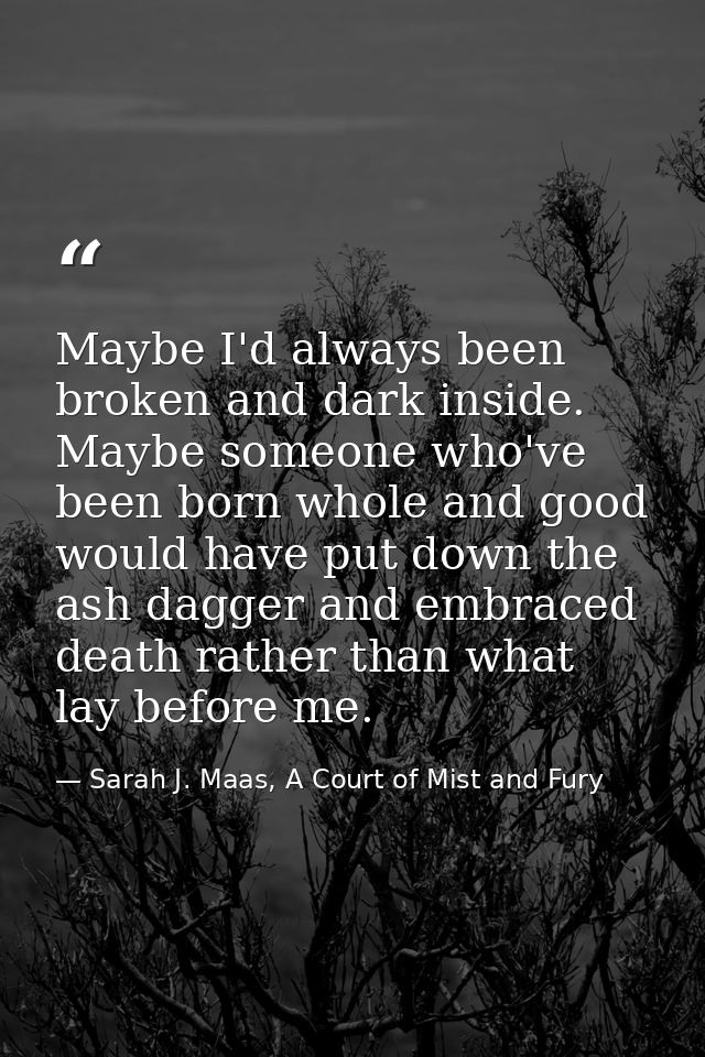 Maybe I'd always been broken and dark inside. Maybe someone who've been born whole and good would have put down the ash  — Sarah J. Maas, A Court of Mist and Fury