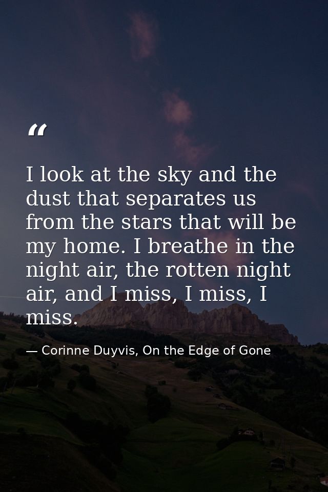 I look at the sky and the dust that separates us from the stars that will be my home. I breathe in the night air, the ro — Corinne Duyvis, On the Edge of Gone