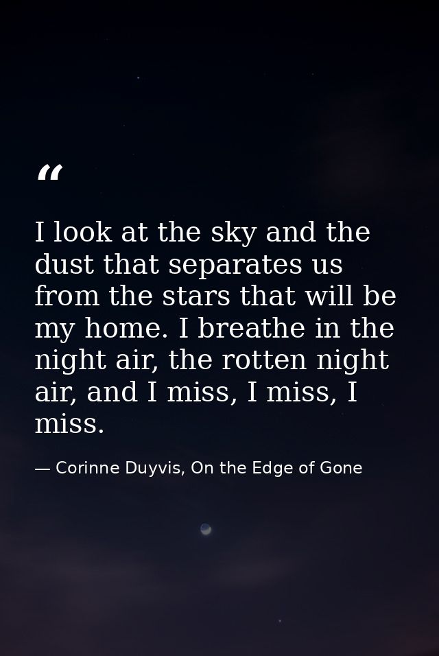 I look at the sky and the dust that separates us from the stars that will be my home. I breathe in the night air, the ro — Corinne Duyvis, On the Edge of Gone