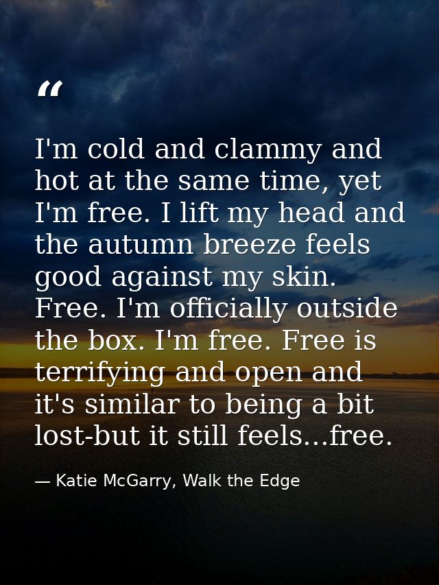 I'm cold and clammy and hot at the same time, yet I'm free. I lift my head and the autumn breeze feels good against my s — Katie McGarry, Walk the Edge