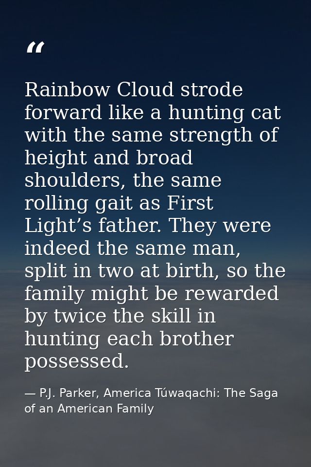 Rainbow Cloud strode forward like a hunting cat with the same strength of height and broad shoulders, the same rolling g — P.J. Parker, America Túwaqachi: The Saga of an American Family