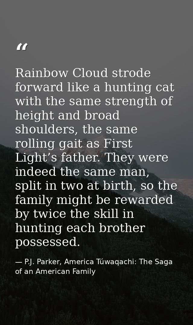 Rainbow Cloud strode forward like a hunting cat with the same strength of height and broad shoulders, the same rolling g — P.J. Parker, America Túwaqachi: The Saga of an American Family