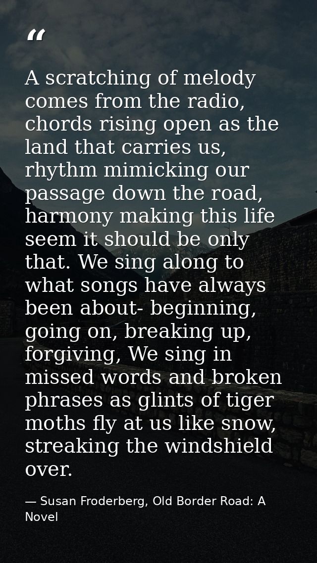 A scratching of melody comes from the radio, chords rising open as the land that carries us, rhythm mimicking our passag — Susan Froderberg, Old Border Road: A Novel