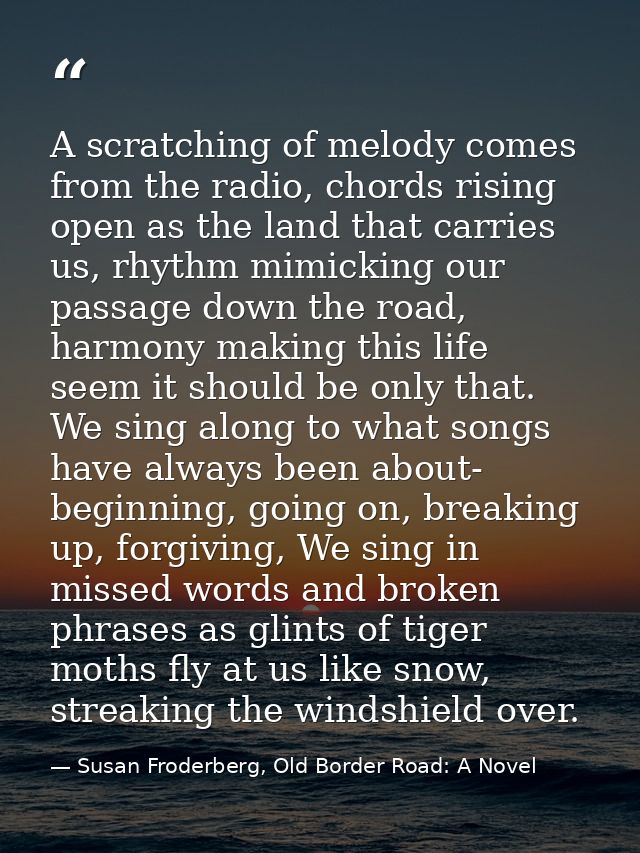 A scratching of melody comes from the radio, chords rising open as the land that carries us, rhythm mimicking our passag — Susan Froderberg, Old Border Road: A Novel