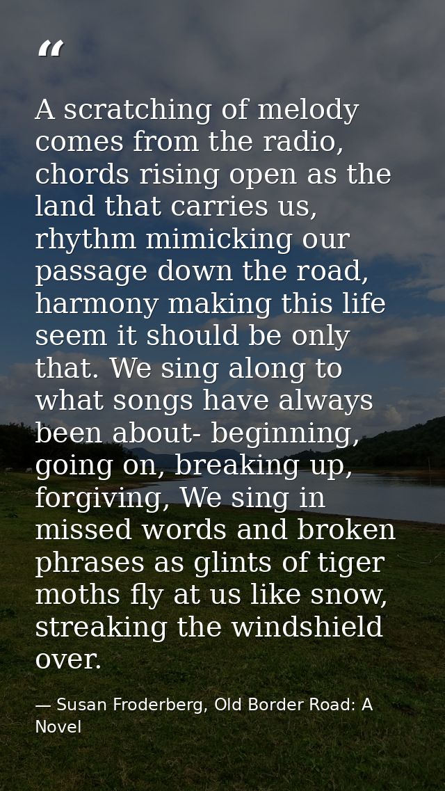 A scratching of melody comes from the radio, chords rising open as the land that carries us, rhythm mimicking our passag — Susan Froderberg, Old Border Road: A Novel