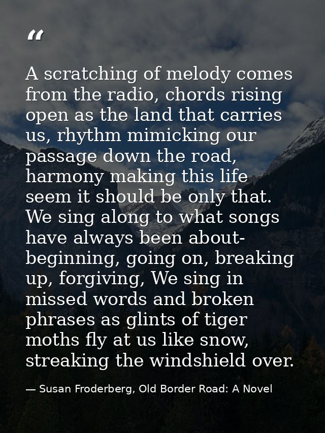 A scratching of melody comes from the radio, chords rising open as the land that carries us, rhythm mimicking our passag — Susan Froderberg, Old Border Road: A Novel