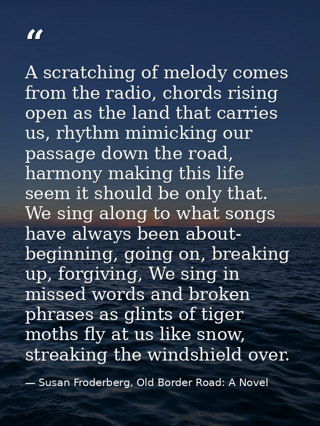 A scratching of melody comes from the radio, chords rising open as the land that carries us, rhythm mimicking our passag — Susan Froderberg, Old Border Road: A Novel