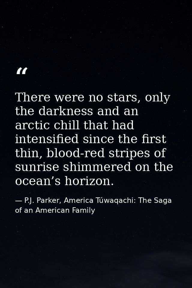 There were no stars, only the darkness and an arctic chill that had intensified since the first thin, blood-red stripes  — P.J. Parker, America Túwaqachi: The Saga of an American Family