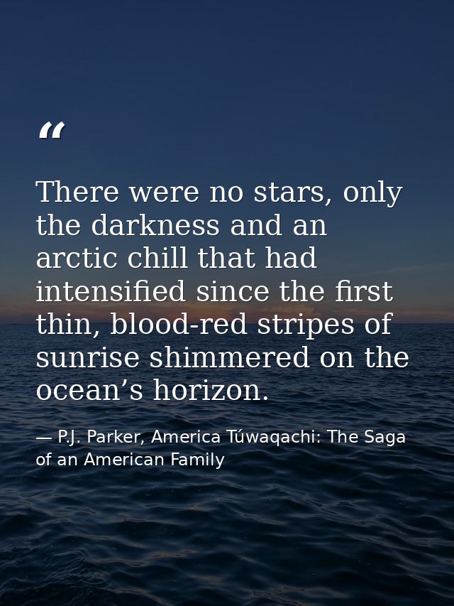 There were no stars, only the darkness and an arctic chill that had intensified since the first thin, blood-red stripes  — P.J. Parker, America Túwaqachi: The Saga of an American Family