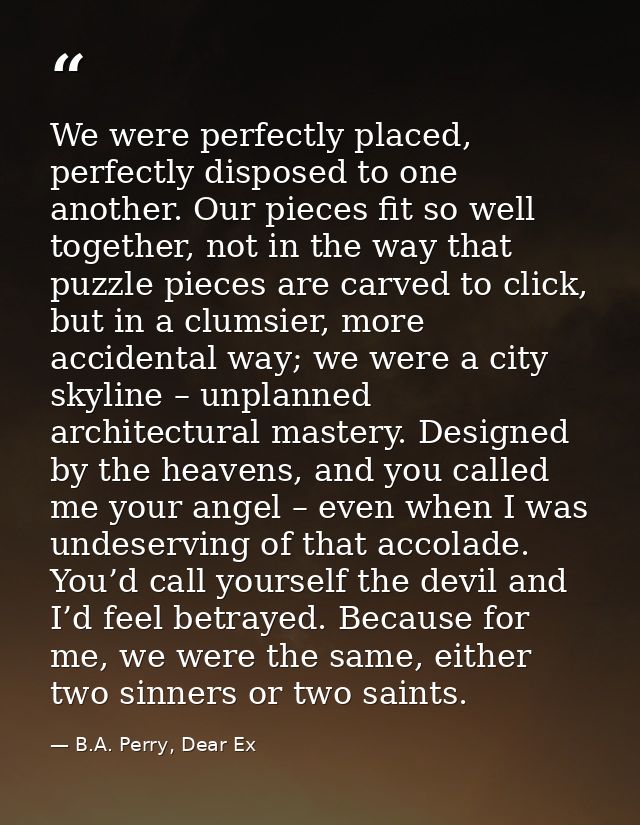 We were perfectly placed, perfectly disposed to one another. Our pieces fit so well together, not in the way that puzzle — B.A. Perry, Dear Ex