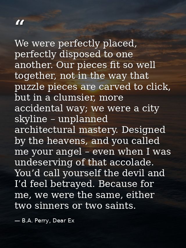 We were perfectly placed, perfectly disposed to one another. Our pieces fit so well together, not in the way that puzzle — B.A. Perry, Dear Ex