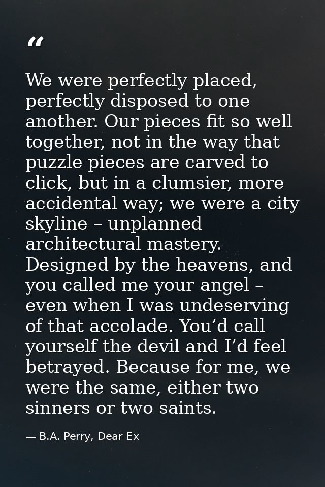 We were perfectly placed, perfectly disposed to one another. Our pieces fit so well together, not in the way that puzzle — B.A. Perry, Dear Ex