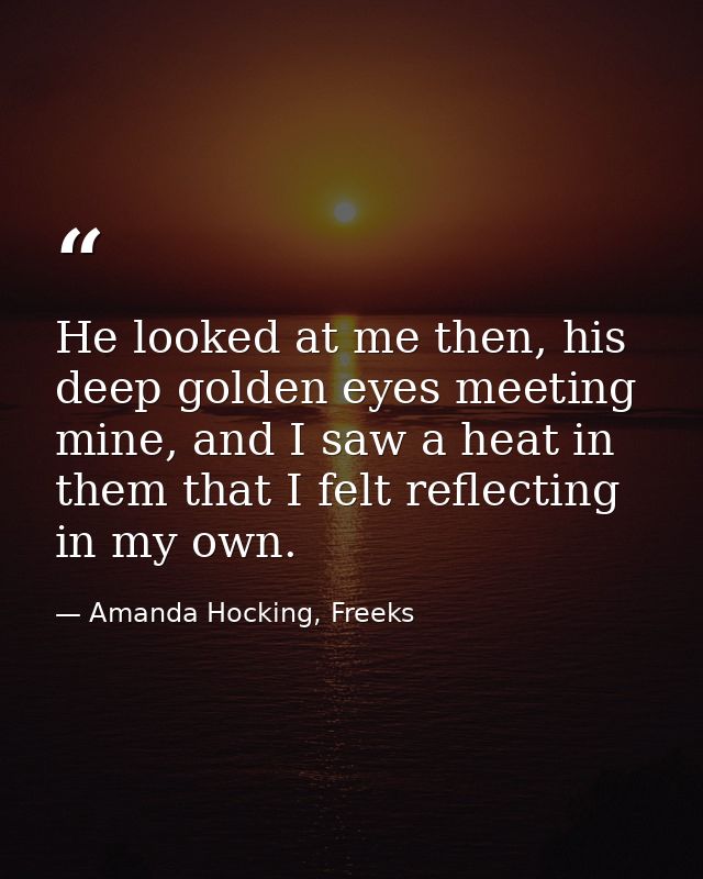 He looked at me then, his deep golden eyes meeting mine, and I saw a heat in them that I felt reflecting in my own. — Amanda Hocking, Freeks